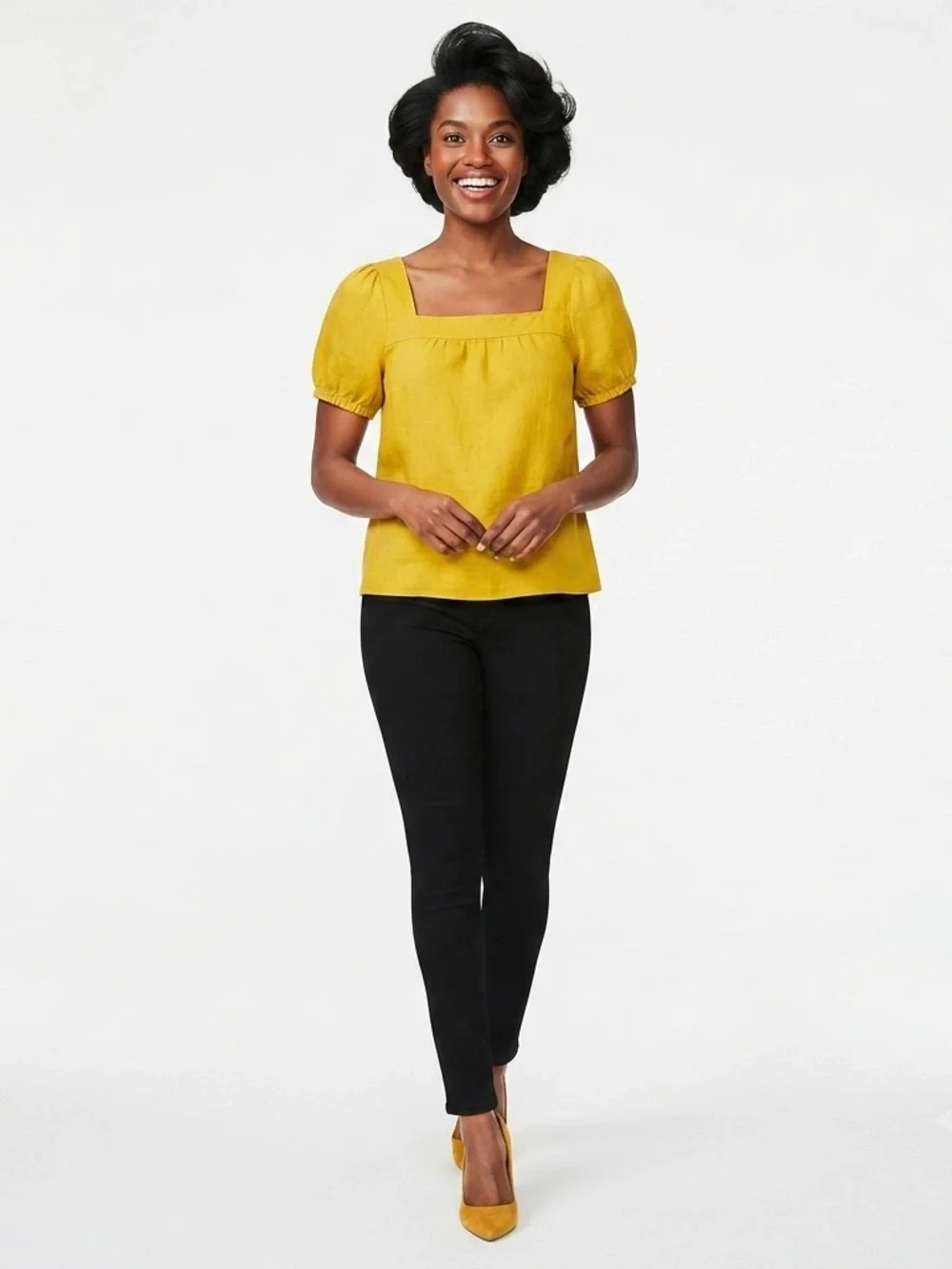 Boden Mustard Yellow 100% Linen Puff Sleeve Square Neck Blouse
